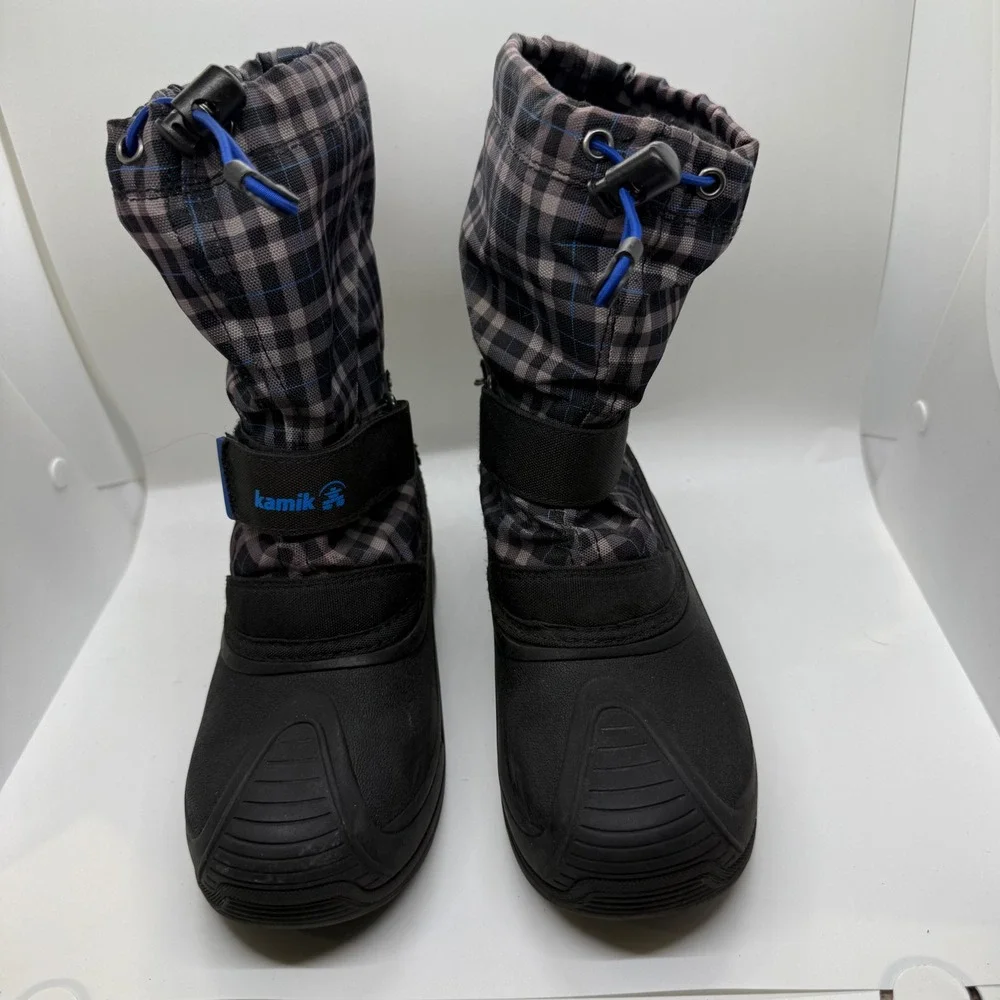 Kamik Finley Kids Snow Boots Grey Blue Plaid Waterproof Insulated Size 4